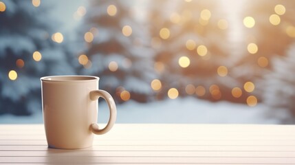 Obraz premium Christmas Tree-Shaped Coffee Mug on White Wooden Table with Delicious Hot Drink and Foam - Perfect for Holiday Cafes!