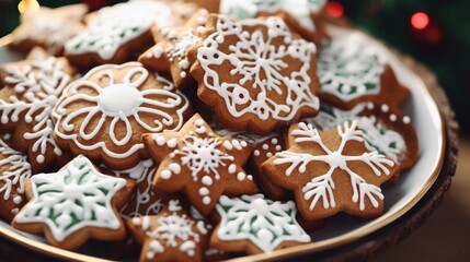  Holiday Delicacies: Top View of Mouth-Watering Decorated Christmas Cookies on Iced Background