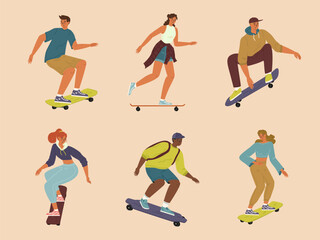 Isolated set of diverse teenage boy and girl skateboarding © Wanlee