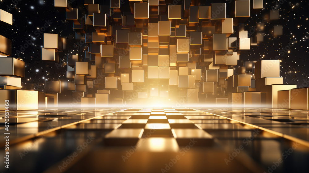 Wall mural 3D Abstract background with golden squares.