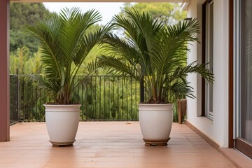 twin plant pots at the entrance of a wide veranda - obrazy, fototapety, plakaty