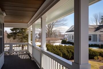 close up of a shingle-style homes veranda detailing