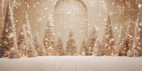 Glistering Christmas Celebration: Illuminated Trees and Wooden Walls in Log Cabin setting with Ribbon Presents and Generative AI.