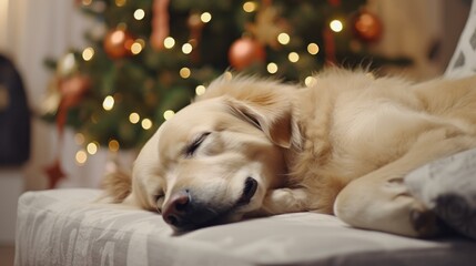 Golden Retriever Napping by the Christmas Tree: Cute Puppy Resting on Bed in ly Decorated Home for the Holidays - obrazy, fototapety, plakaty
