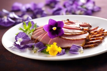 Obraz na płótnie Canvas smoked duck fillet adorned with purple edible flowers