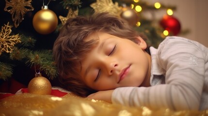 Fototapeta na wymiar Peaceful Christmas Nap of a Sweet Little Boy Under the Tree