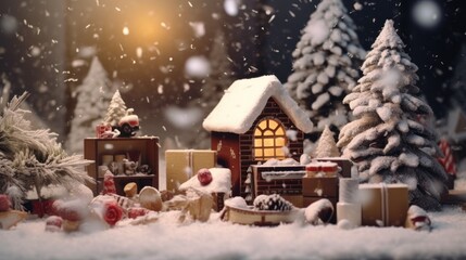 Fototapeta na wymiar Overhead View of Miniature Christmas Tree and Seasonal Plants on White Background for Alternative Christmas Postcard Design