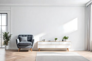 Modern interior of living room with gray armchair on empty white color wall background