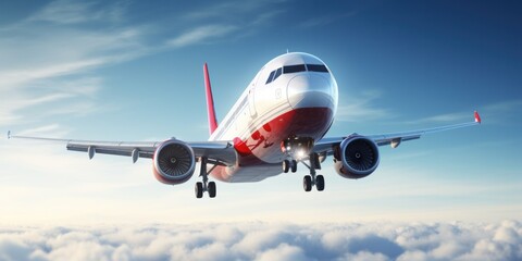 Obraz premium Red and White Santa Hat Airplane Soars Through Winter Sky for Holiday Travel and New Year Vacation with Generative AI Technology