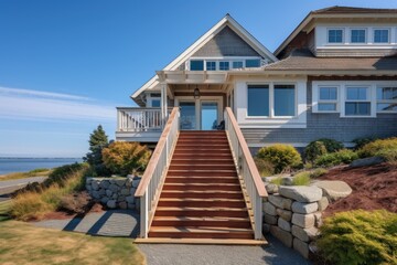 shingle style beach dwelling with exterior staircase and seaside view