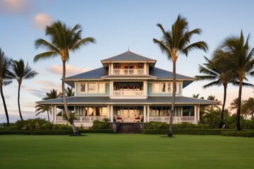 Fototapeta na wymiar wide shot of a multi-story shingle-style house surrounded by palm trees, ocean in the rear