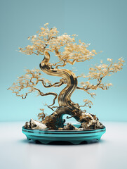 Golden bonsai tree on black