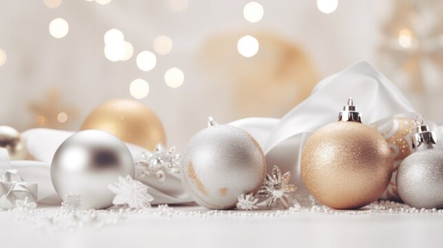 Shimmering Silver and Glowing Gold Christmas Decorations Adorned on a  White Background: A Perfect Stock Image for Generative AI Holiday Designs and Banner Christmas Cards