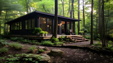 Tranquil yoga retreat in the woods.