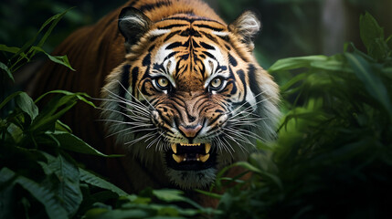 Tiger closeup portrait, safari shot. Bengal Tiger.
Made with generative ai