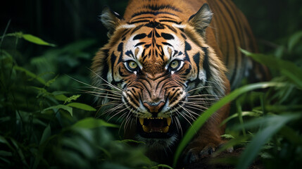 Tiger closeup portrait, safari shot. Bengal Tiger.
Made with generative ai