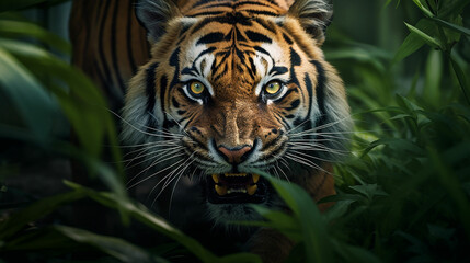 Obraz na płótnie Canvas Tiger closeup portrait, safari shot. Bengal Tiger. Made with generative ai
