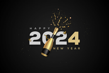 New year 2024 celebrations gold greetings poster isolated over black background with champagne bottle.