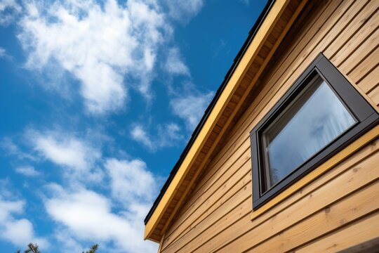 closeup of wooden cladding on a saltbox house, seen from below