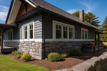 Fototapeta na wymiar stone foundation supporting a classic shingle-styled house