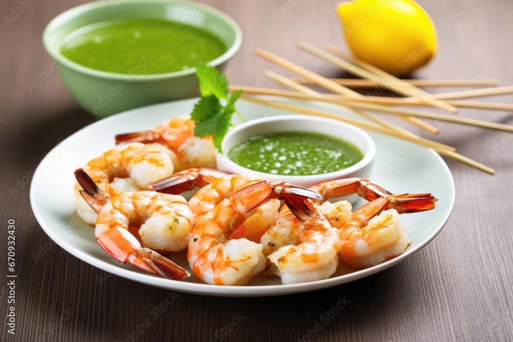 Canvas Prints shrimp skewers with a bowl of dipping sauce