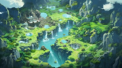 an isometric anime isle with emerald-green meadows, a cascading waterfall, and a tranquil pond, where magical creatures roam free, as if captured by an HD camera. - obrazy, fototapety, plakaty