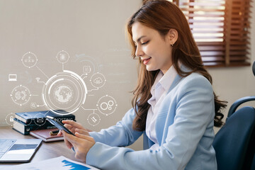 Woman using computer, tablet and presses his finger on the virtual screen inscription Hosting on...