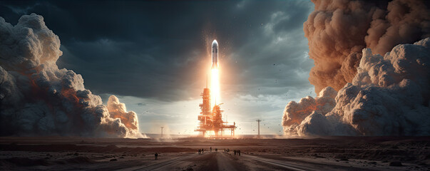 Space ship rocket launch, panorama photo.