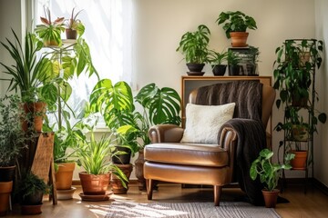 a well-lit corner filled with indoor plants and a comfy chair