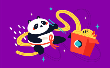 Panda eating wok - modern colored vector illustration