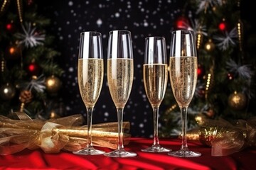 sparkling tinsel near filled champagne flutes