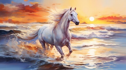 phantasmal iridesant enchanting white horse galloping on a pristine beach during a vibrant sunset, waves crashing, golden sand, a feeling of freedom and tranquility, Artwork, watercolor painting - obrazy, fototapety, plakaty