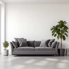 A dark gray velvet couch, plant, flower pot