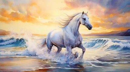 phantasmal iridesant enchanting white horse galloping on a pristine beach during a vibrant sunset, waves crashing, golden sand, a feeling of freedom and tranquility, Artwork, watercolor painting