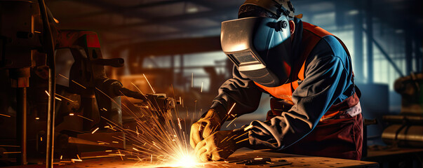 Welder welding metal contruction parts. banner