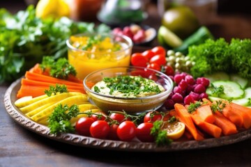 pouring delicious hummus over a fresh vegetable platter - obrazy, fototapety, plakaty