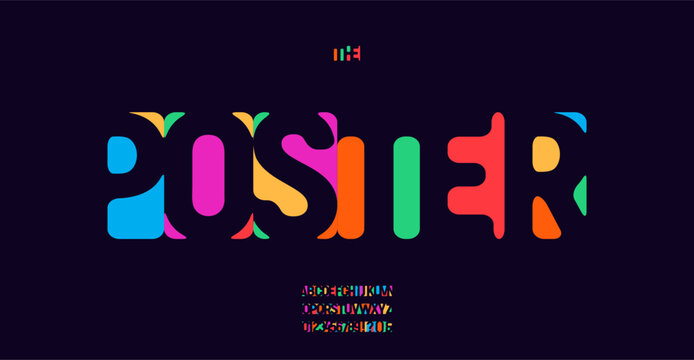 Vibrant typography negative space cutout, modern decorative typeface, abstract vibrant graphic, bright rainbow colors. Creative, playful design for bold, artistic headlines. Vector typeset