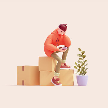 Cute funny сasual asian guy wears fashion clothes red hoodie, green jeans, brown sneakers sits on cardboard boxes, holds blue smartphone in one hand, waiting moving company. 3d render in pastel colors