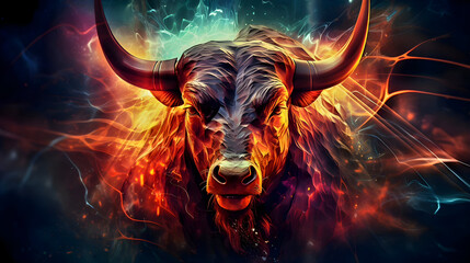 Bull / Bullish in Stock Market: Frontal view of a big bull created with vibrant colors - Bullish VS Bearish (Trading/Stocks terms): Close-up view of a bullish element (colorful illustration)