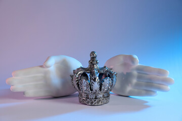 Beautiful silver crown and other decor elements on white background, space for text. Color tone effect