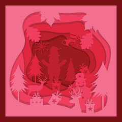 Hand drawn flat 3D Christmas Shadow BOX paper cut design