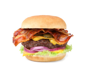 Tasty burger with bacon, vegetables and patty isolated on white