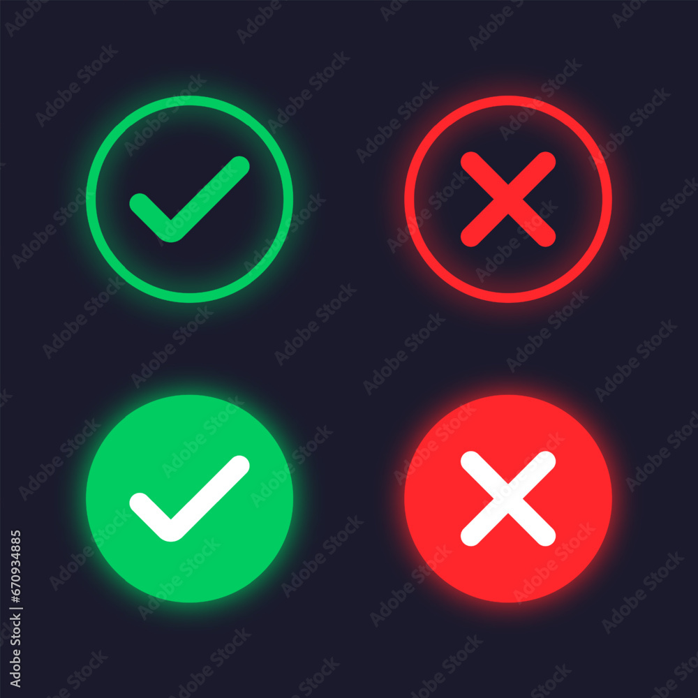 Poster check mark and cross mark in neon glassmorphism style. green tick and red cross check marks on dark 