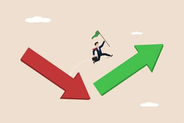 Economic improvement and investment or recovery from crisis, crypto stock market, investor businessman jumping from down arrow to up arrow.