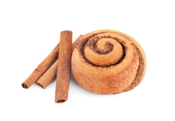 One tasty cinnamon roll and sticks isolated on white