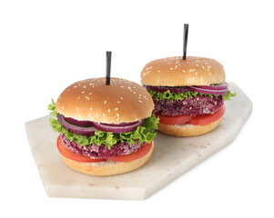 Tasty vegetarian burgers with beet patties isolated on white