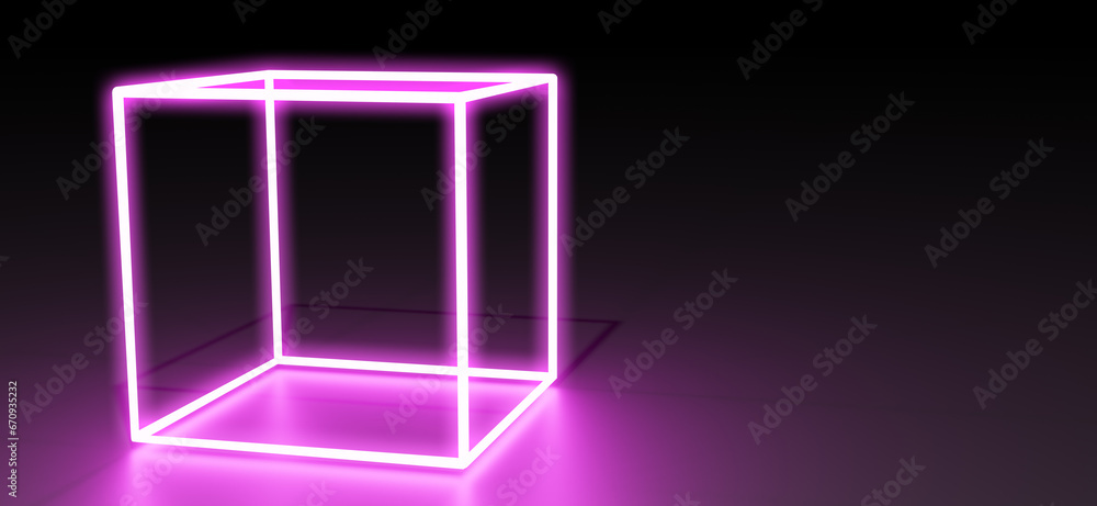 Canvas Prints Glowing pink neon cube on black background. Banner design with space for text