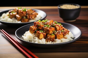 teriyaki tofu steak paired with chopsticks on table
