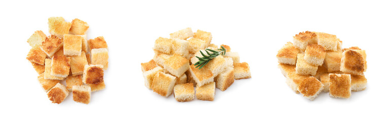 Heaps of delicious crispy croutons isolated on white, set