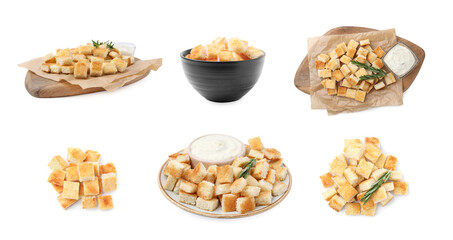 Delicious crispy croutons isolated on white, set
